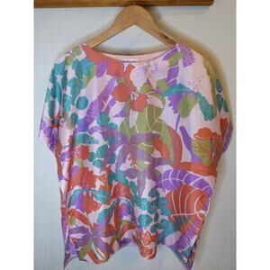 Shinawatra 100% Thai Silk Tropical Floral Top Flowing Purple Coral L